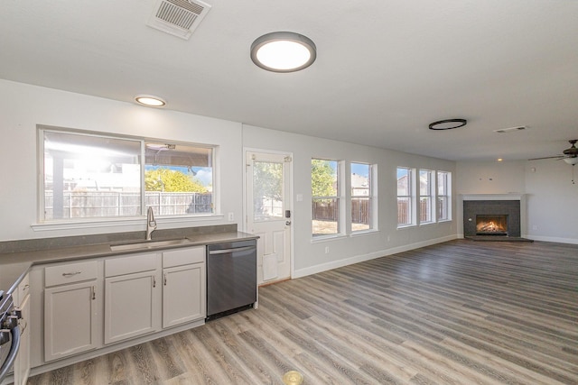 kitchen featuring stainless steel dishwasher, light hardwood / wood-style floors, sink, and a wealth of natural light