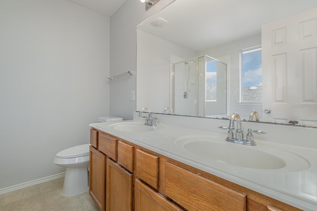 bathroom featuring vanity, an enclosed shower, tile patterned floors, and toilet