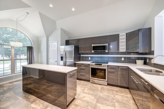 kitchen featuring wine cooler, tasteful backsplash, high vaulted ceiling, sink, and stainless steel appliances