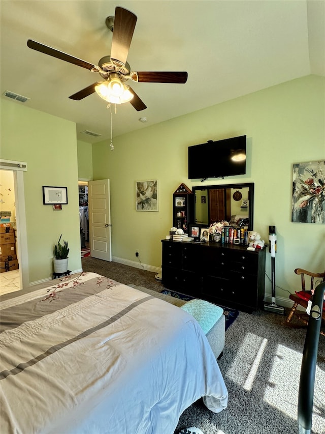 carpeted bedroom featuring vaulted ceiling and ceiling fan