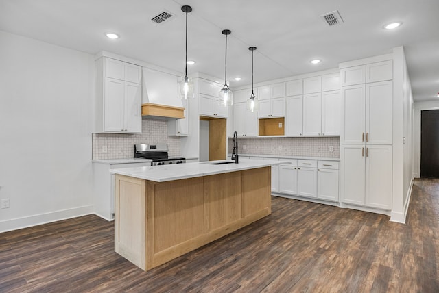 kitchen featuring a center island with sink, white cabinets, sink, stainless steel range oven, and custom range hood