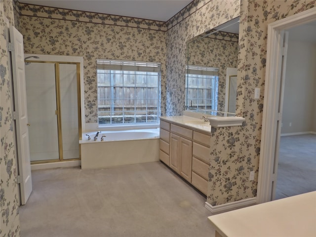 bathroom featuring vanity and plus walk in shower