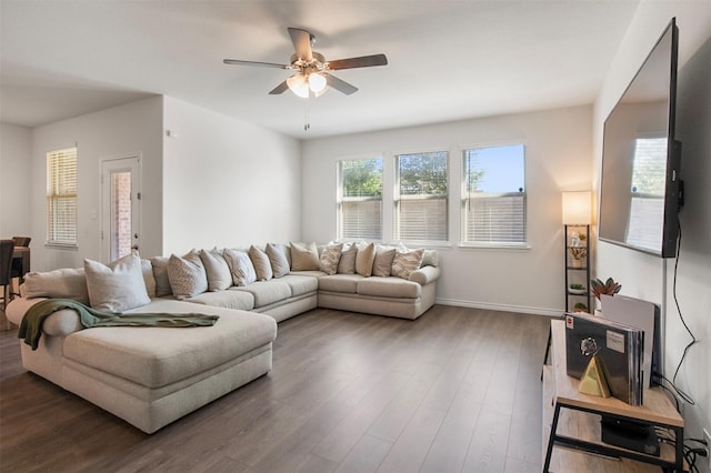 living room featuring ceiling fan and dark wood-type flooring