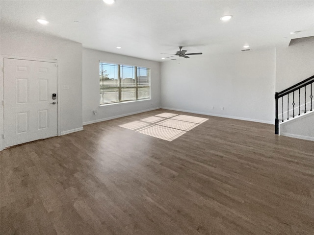 3941 Hometown Blvd, Forney, TX 75126 - unfurnished living room with a ceiling fan, wood finished floors, stairs, baseboards, and recessed lighting