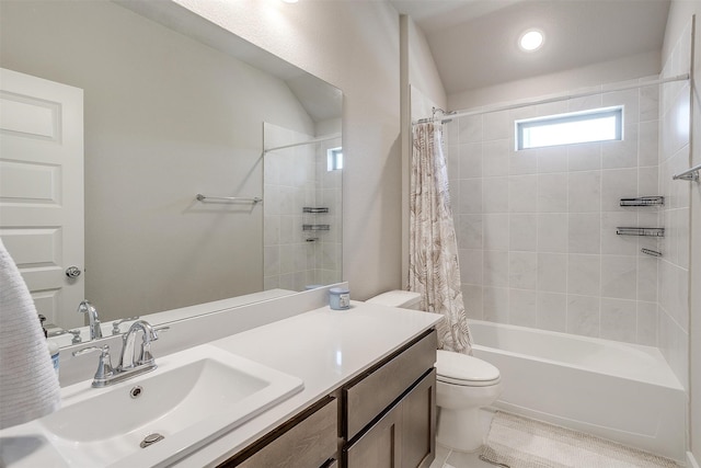 full bathroom with vanity, toilet, shower / bathtub combination with curtain, and tile patterned flooring