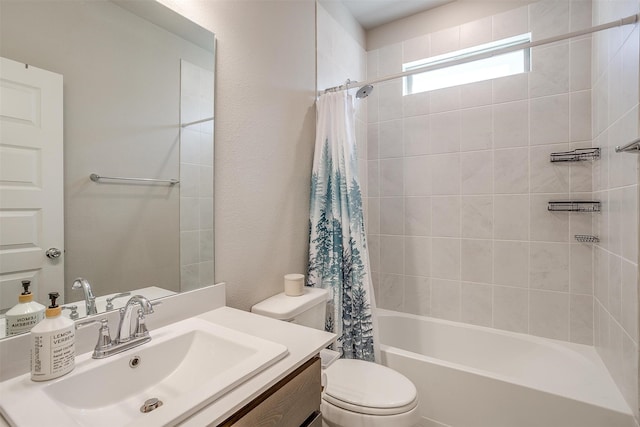 full bathroom featuring vanity, toilet, and shower / bathtub combination with curtain