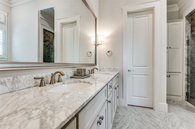 bathroom featuring vanity, crown molding, and an enclosed shower