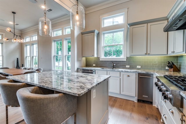 kitchen with light hardwood / wood-style floors, a healthy amount of sunlight, decorative light fixtures, and ventilation hood