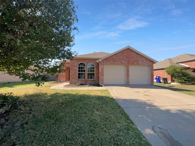 single story home with an attached garage, a front lawn, brick siding, and concrete driveway