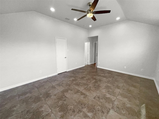 interior space featuring recessed lighting, a ceiling fan, and vaulted ceiling