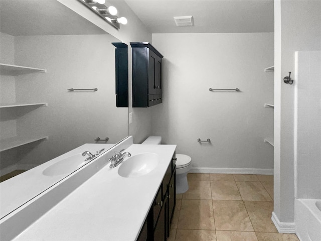bathroom featuring vanity, visible vents, toilet, tile patterned floors, and a bath