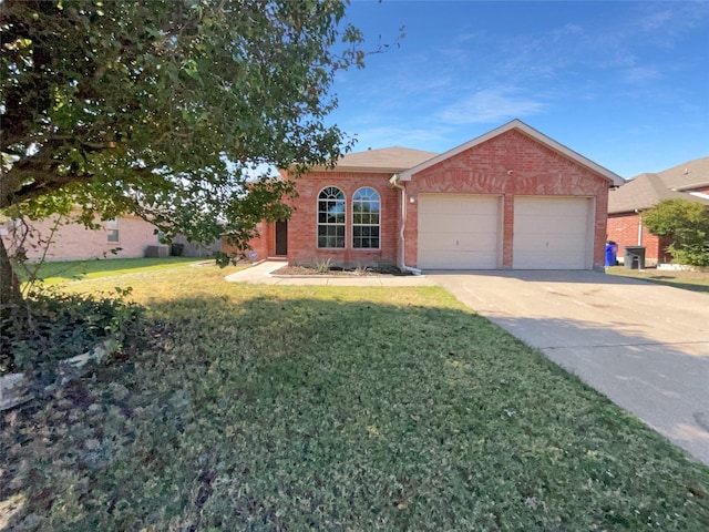 ranch-style house featuring concrete driveway, brick siding, an attached garage, and a front lawn