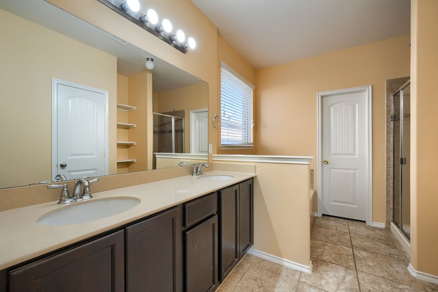 bathroom featuring vanity, separate shower and tub, and tile patterned flooring