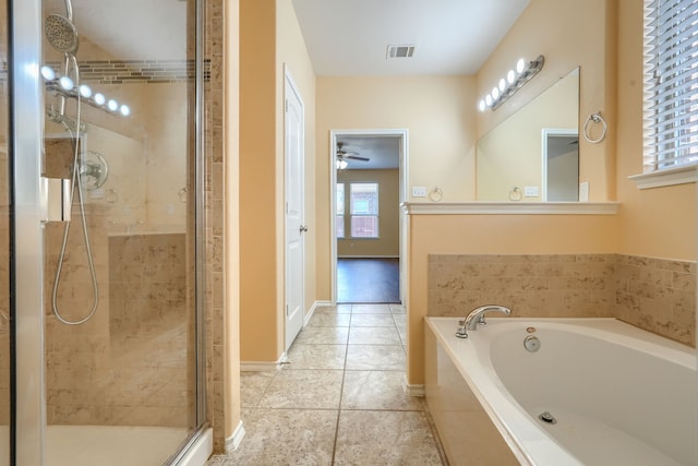 bathroom with a healthy amount of sunlight, shower with separate bathtub, tile patterned floors, and ceiling fan