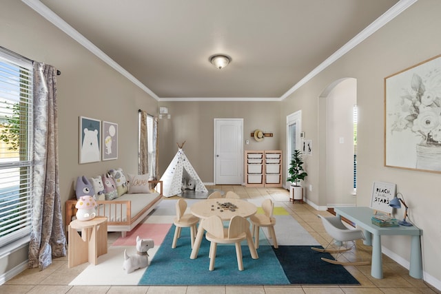 living room featuring light tile patterned floors and crown molding