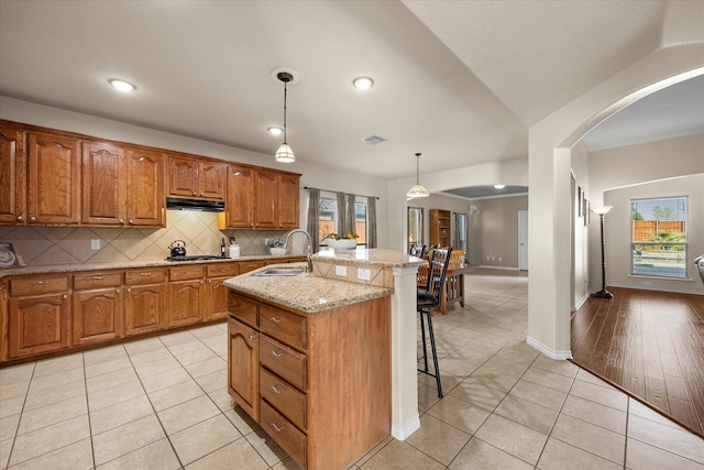 kitchen featuring pendant lighting, a kitchen island with sink, sink, light stone countertops, and light wood-type flooring