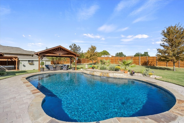 view of pool with a gazebo, a patio, and a lawn