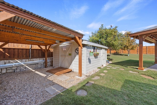 exterior space featuring a shed