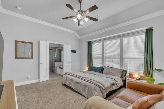 carpeted bedroom featuring ceiling fan, lofted ceiling, and crown molding