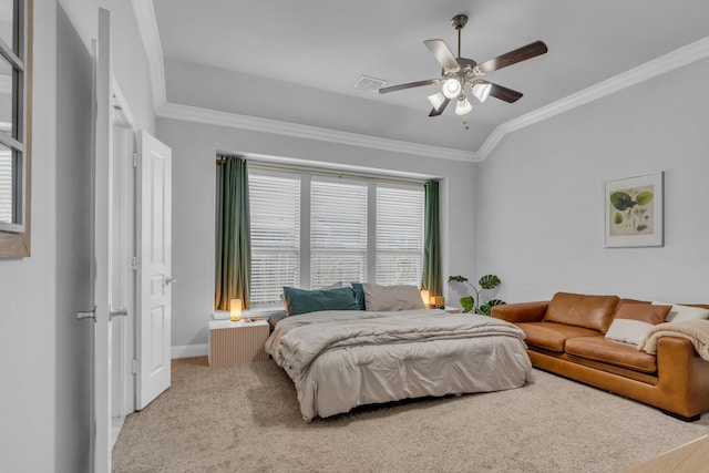 bedroom featuring light carpet, vaulted ceiling, ceiling fan, and crown molding