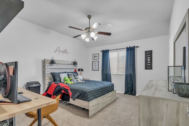 carpeted bedroom featuring ceiling fan and lofted ceiling