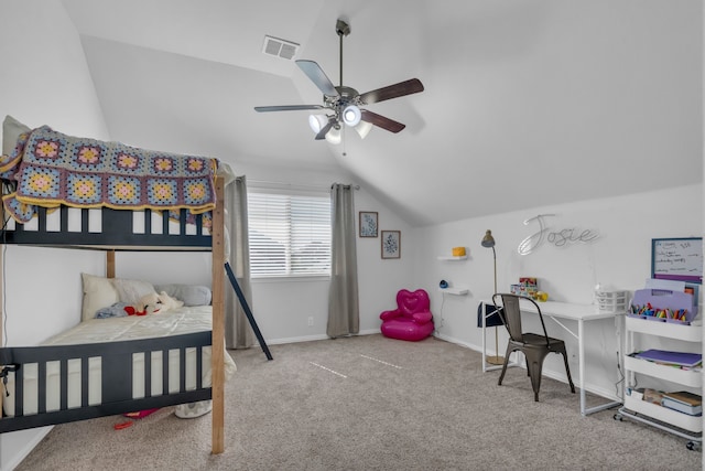 carpeted bedroom featuring vaulted ceiling and ceiling fan