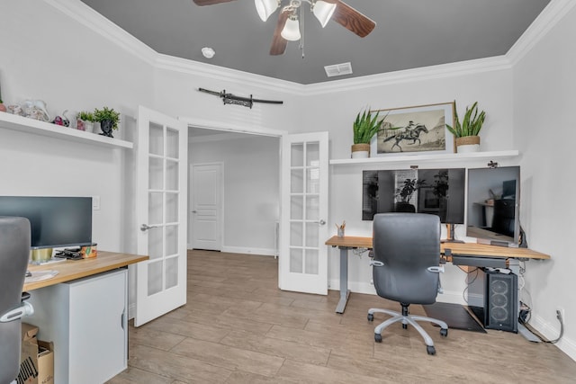 office area with crown molding, french doors, and ceiling fan