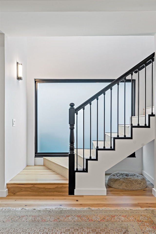 stairway with hardwood / wood-style floors