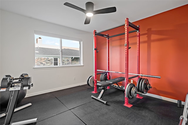 workout area featuring ceiling fan