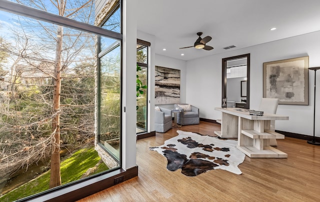 sunroom with ceiling fan