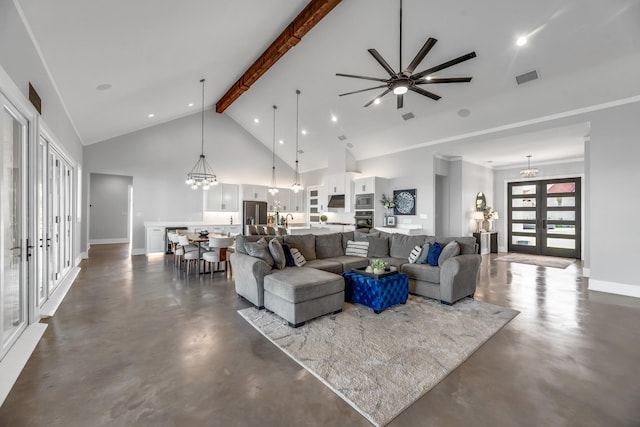 living room featuring beamed ceiling, ceiling fan with notable chandelier, high vaulted ceiling, and french doors