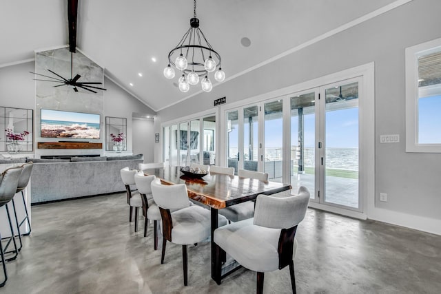 dining space featuring ceiling fan with notable chandelier, a water view, high vaulted ceiling, beamed ceiling, and concrete floors