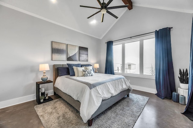 bedroom with beamed ceiling, ceiling fan, and high vaulted ceiling