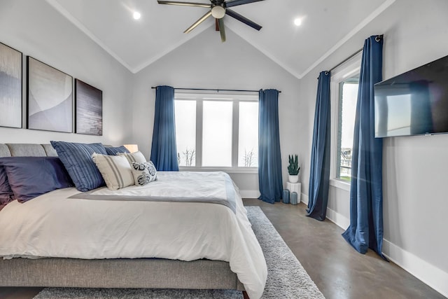 bedroom with ceiling fan, lofted ceiling, and multiple windows