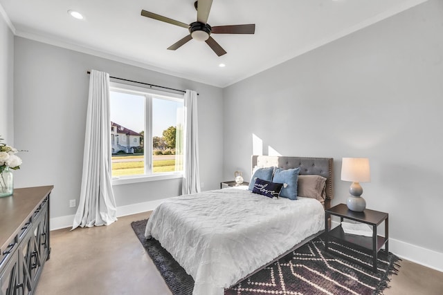 bedroom with ceiling fan, crown molding, and concrete flooring