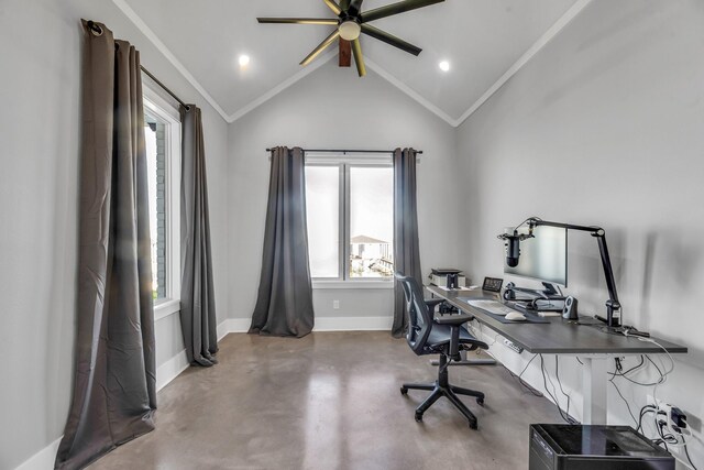 office space with ceiling fan, concrete flooring, ornamental molding, and vaulted ceiling