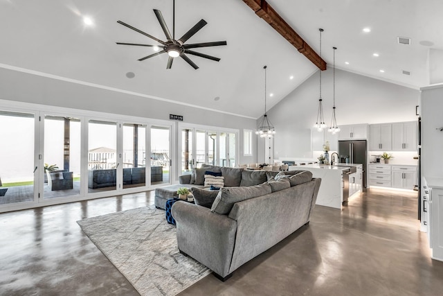 living room with french doors, ceiling fan with notable chandelier, sink, high vaulted ceiling, and beamed ceiling