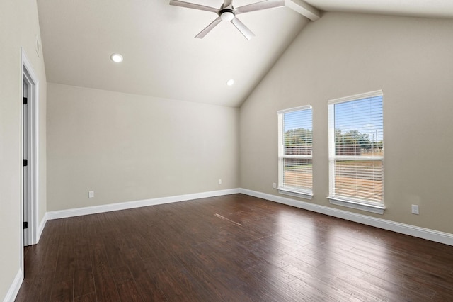 empty room featuring ceiling fan, high vaulted ceiling, and dark hardwood / wood-style flooring