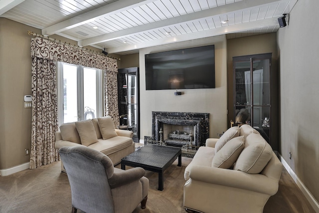 5804 Indianwood Ln, Fort Worth, TX 76132 - carpeted living area with a high end fireplace, wood ceiling, french doors, baseboards, and beam ceiling
