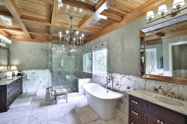 5804 Indianwood Ln, Fort Worth, TX 76132 - bathroom with a sink, a stall shower, wood ceiling, marble finish floor, and a soaking tub