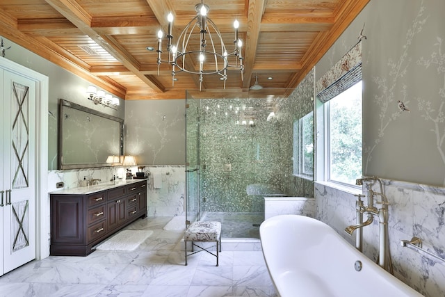 5804 Indianwood Ln, Fort Worth, TX 76132 - bathroom featuring a marble finish shower, a chandelier, wood ceiling, marble finish floor, and a freestanding bath