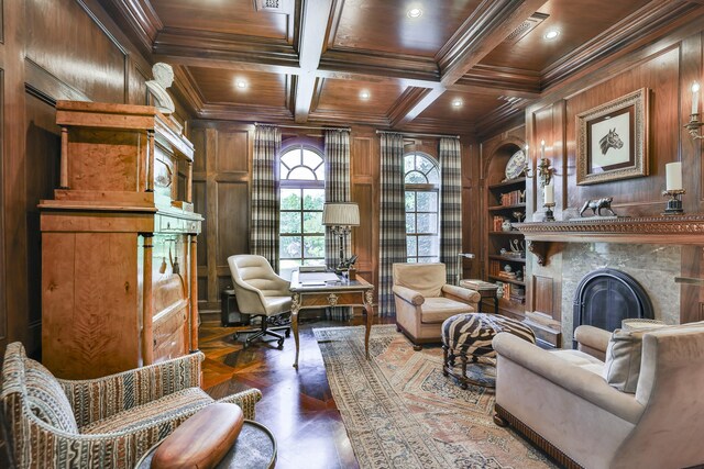 5804 Indianwood Ln, Fort Worth, TX 76132 - living room featuring a premium fireplace, crown molding, wooden walls, and built in features