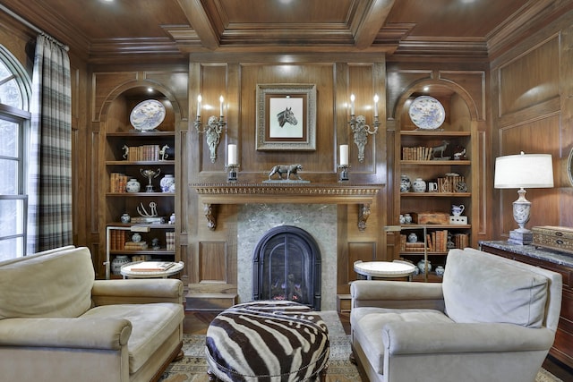 5804 Indianwood Ln, Fort Worth, TX 76132 - living area featuring built in shelves, a fireplace, wooden ceiling, wood walls, and ornamental molding