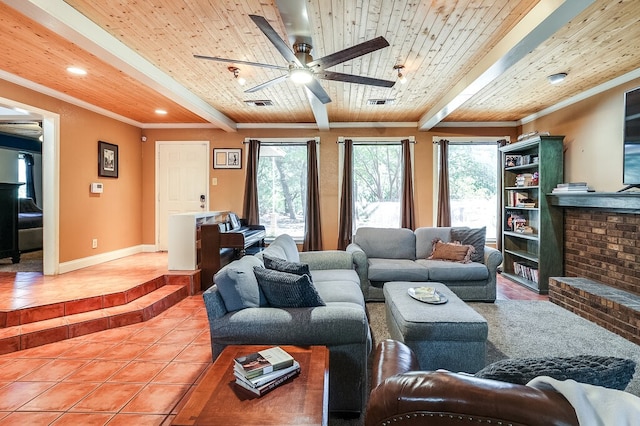 living room featuring wood ceiling, beamed ceiling, tile patterned flooring, and ceiling fan