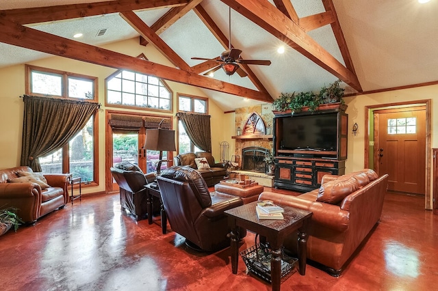 living room featuring beam ceiling, a fireplace, high vaulted ceiling, and ceiling fan