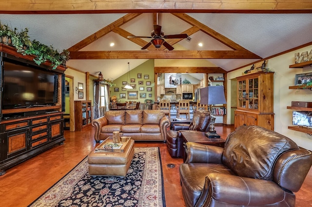 living room featuring vaulted ceiling with beams, a textured ceiling, and ceiling fan