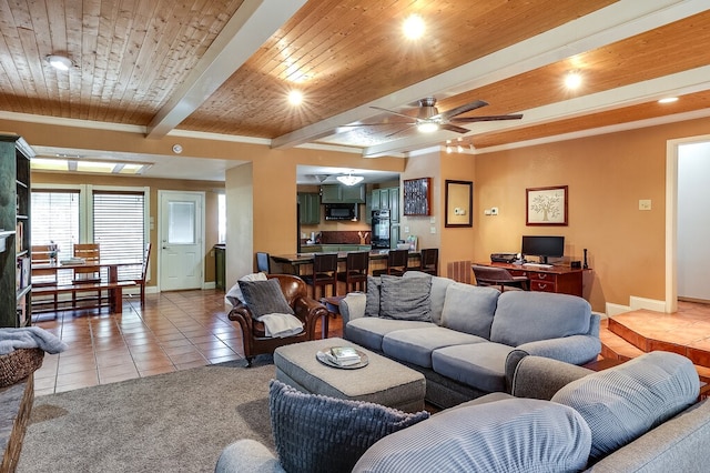 living room with beam ceiling, light tile patterned flooring, ceiling fan, and wooden ceiling