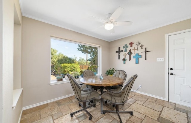 dining area with crown molding and ceiling fan