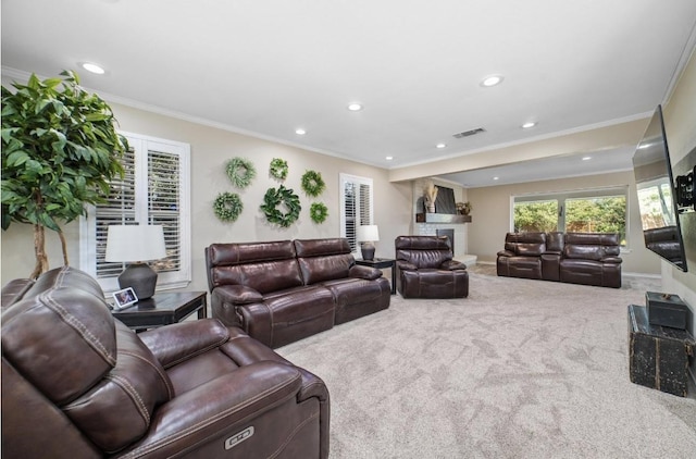 living room featuring ornamental molding and carpet