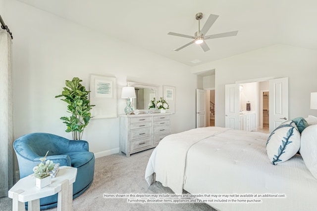 carpeted bedroom featuring lofted ceiling and ceiling fan